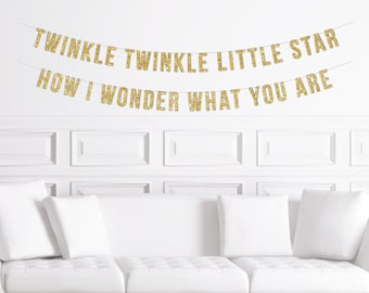 Twinkle Twinkle Little Star Banner / Gold Glitter Gender Reveal Sign / He or She / Baby Shower How We Wonder What / Party Decor / Decoration