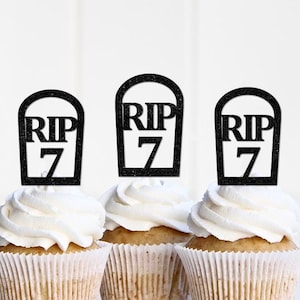 Adornos personalizados para cupcakes de cumpleaños RIP, RIP 5 6 7 8 9 10, decoraciones de cumpleaños de Halloween, decoración de fiesta de Halloween con lápida