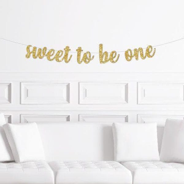 Sweet to Be One Cursive Banner / Gold Script Glitter First Birthday Sign / Girl's Ice Cream 1st Party / One Theme Ideas / Icecream Decor