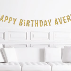 Banner personalizado de feliz cumpleaños con purpurina dorada / Letrero con nombre personalizado y letras con purpurina / Nombre personalizado / Primer cumpleaños / Banderín plateado