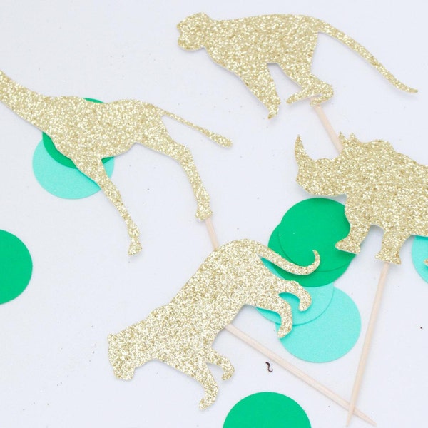 Gold Glitter Safari Animal Cupcake Toppers, Giraffe, Rhino, Monkey, Elephant, Lion, Tiger, Decorations, Decor, Birthday Party, Baby Shower