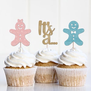 Decoraciones navideñas para revelar el género, Él o ella, ¿Qué será nuestro pequeño amorcito? Adornos para cupcakes, ¿Qué se está horneando?, Niño o niña de jengibre de diciembre