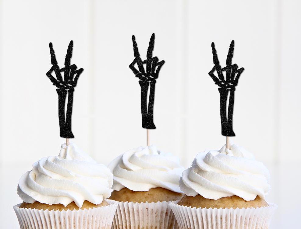 Bad Two the Bone Cupcake Toppers, Halloween 2nd Birthday Decorations Decor, Skeleton Theme Second Birthday Party Supplies