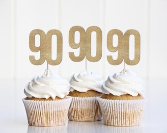 90 Cupcake Toppers, 90th Birthday Decorations, Ninety Cup Cake Decoration, Decor for a 90 Year Old's Birthday Party Supplies