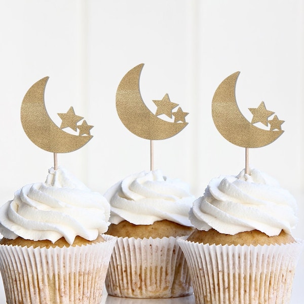 Moon and Stars Cupcake Toppers, Two The Moon Birthday Decor , Love You To The Moon Baby Shower Decorations, Space Themed Party Supplies