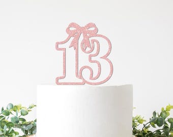 13th Birthday Cake Topper Girl. Fancy Bow Thirteen Birthday Decorations, Coquette, Girly, Feminine, Number 13, Teenager, Teen