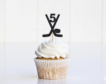 Custom Personalized Age Number Hockey Cupcake Toppers, Glitter Stick and Puck, Birthday Party 5 6 7 8 Decor