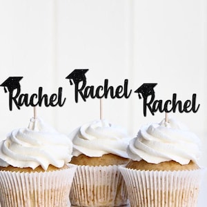 Custom Personalized Grad Cupcake Toppers, Name Grad Cap Cupcake Signs Decor Decoration, Graduation Party Supplies