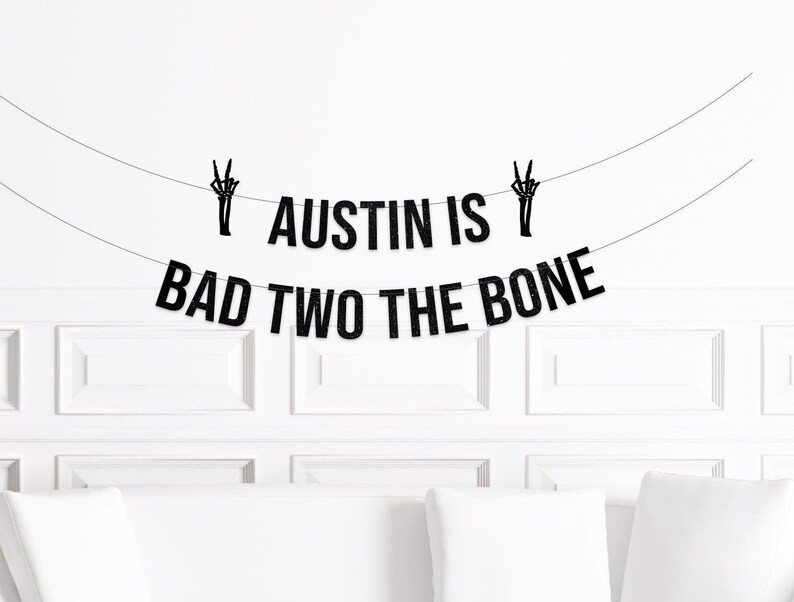 Bad Two The Bone Custom Banner, Halloween 2nd Birthday Sign Boy Decor, Decorations image 1