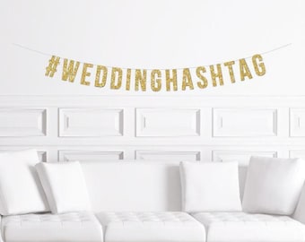 Custom Hashtag Bachelorette Banner / Bridal Shower Sign / # Wedding Decor / Decorations / Gold Glitter Party Banner / Block Letter / Funny