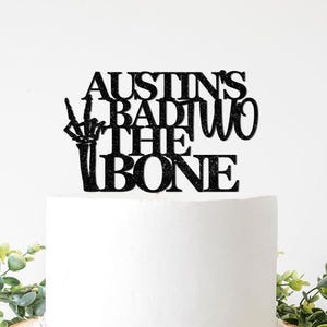 Custom Bad Two The Bone Cake Topper, Halloween 2nd Birthday Decorations Decor, Girl Boy Skeleton Two Fingers Hand