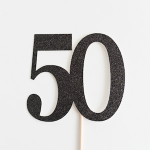 Adorno para tarta de 50 años, 50.º cumpleaños, aniversario, quincuagésimo, purpurina negra, decoración de fiesta, decoración, tema de hito
