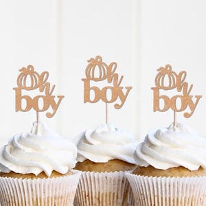 Oh Boy Pumpkin Cupcake Toppers: Halloween Baby Shower Picks Bild 1