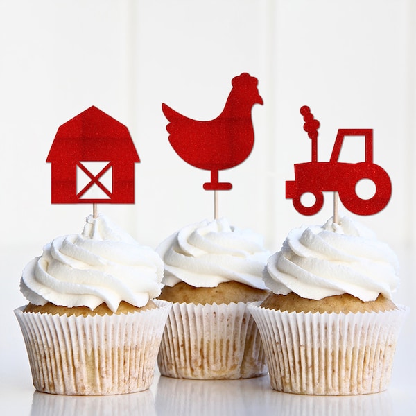 Farm Birthday Party Decorations, Farm Themed Cupcake Toppers, Farm Animals Decor, Barn Tractor Farm Party Supplies, Chicken Picks Red