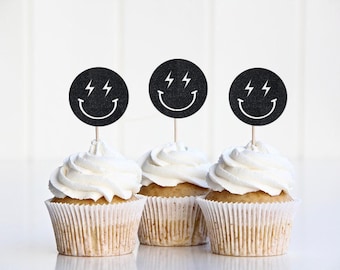 Lightening Smiley Cupcake Toppers, Smiley Face Birthday Decorations, Retro Birthday Decor, Groovy Birthday Party Supplies Boy