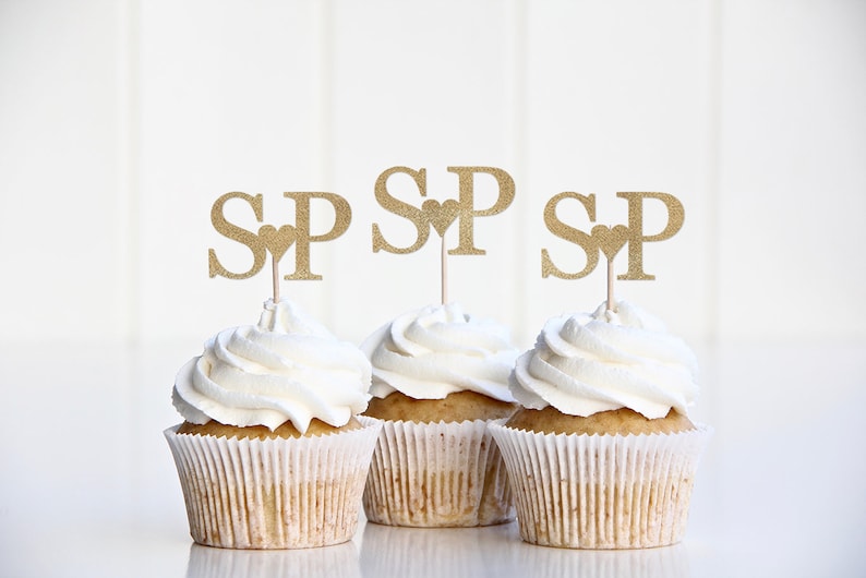 Wedding Cupcake Topper, Custom Wedding Cup Cake Sign, Engagement Party Cupcake Picks, Bridal Shower Decorations, Initials Decor image 1