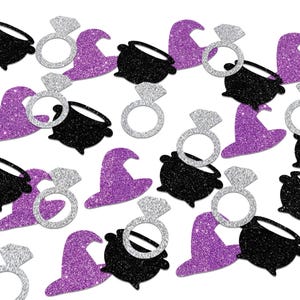 May include: Glittery Halloween-themed confetti in a repeating pattern. The confetti includes black cauldrons, silver diamond rings, and purple witch hats. The shapes are scattered across a white background.