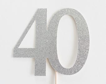 Silver Glitter 40 Cake Topper, Birthday Anniversary Party Decor