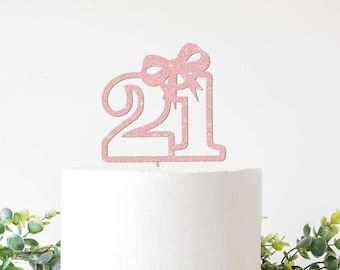 21st Birthday Cake Topper Girl. Fancy Bow Twenty One Birthday Decorations, Coquette, Girly, Feminine, Number 21, Twenty First