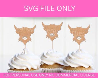 May include: Three cupcakes topped with white frosting and brown Highland cow-shaped toppers. The toppers are made of a light brown material. The text "SVG FILE ONLY" and "FOR PERSONAL USE ONLY NO COMMERCIAL LICENSE" are displayed in the image.