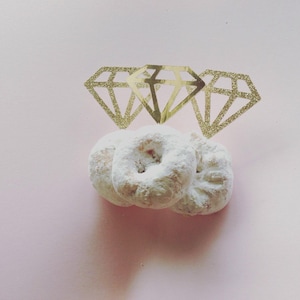 Gold or silver diamond ring donut topper, cupcake topper, diamond toothpick, glitter bridal shower decor, wedding, engagement party image 1