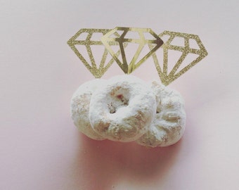 Gold or silver diamond ring donut topper, cupcake topper, diamond toothpick, glitter bridal shower decor, wedding, engagement party