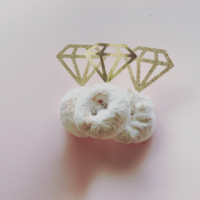 Gold or silver diamond ring donut topper, cupcake topper, diamond toothpick, glitter bridal shower decor, wedding, engagement party image 1