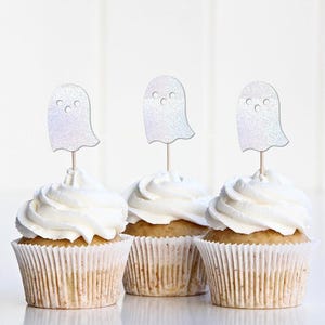 Cute Ghost Cupcake Toppers, Halloween Baby Shower Decorations, Halloween Party Decor, Baby Ghost, Trick or treat, Little Boo Almost Due image 1