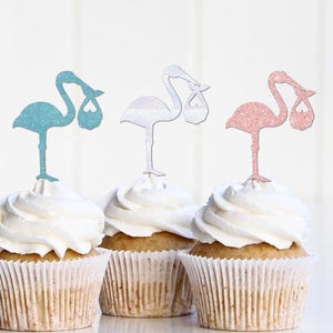 Stork Cupcake Toppers, Baby Shower Decor, Girl Boy Gender Neutral Shower Decorations, Blue Pink White Choose Your Color