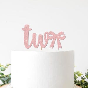 Two Bow Cake Topper Girl's Second Birthday Coquette Party Decoration  2nd decor sign Written Out Script Cursive Pink Glitter Ribbon Decor