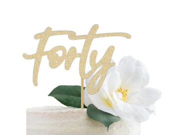 Forty Cake Topper, Gold Glitter 40th Birthday Anniversary Party Decor