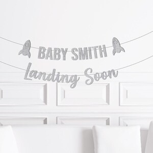 Custom Space Landing Soon Banner, Baby Shower Outer space Theme Baby Decorations, Decor Party Supplies, Sign Backdrop Rocket Moon Planet