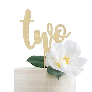Two Cake Topper Girl's Second Birthday Party Decoration  2nd decor sign Written Out Script Cursive Gold Glitter Pick Centerpiece Decor