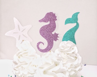 Mermaid Cupcake Topper, Under the Sea Party Decorations, Purple, Teal, Glitter, Seahorse, Tail, Starfish, Girls Birthday, Party Theme
