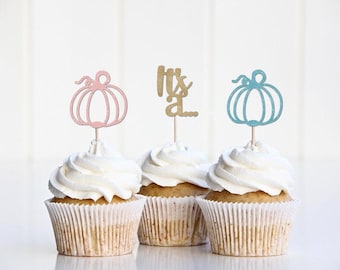 Halloween Gender Reveal Decorations, He or She What Will our Little Pumpkin Be Cupcake Toppers, Fall  Party Supplies, October Gender Reveal