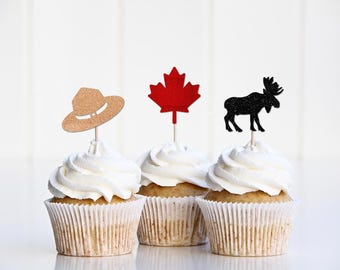 Canada Day Decor, Canadian Food Picks, Moose, Maple Leaf, Mounty Hat Cupcake Toppers, Oh Canada Party Supplies, July 1st 2025