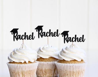 Custom Personalized Grad Cupcake Toppers, Name Grad Cap Cupcake Signs Decor Decoration, Graduation Party Supplies