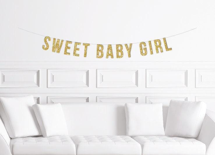 Sweet Baby Girl Banner – Gold Glitter Party Decor, Pre-Strung, 4.6 Ft Long