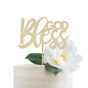 God Bless Cake Topper Gold Baptism Decoration Communion Decor Sign Script Calligraphy Handwritting Centerpiece For  a Cross Baptized
