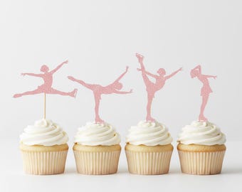 Figure Skating Birthday Cupcake Toppers, Girl Skater Ice Skate Decorations Decor