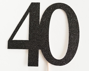 Black Glitter 40 Cake Topper, 40th Birthday Anniversary Party Decor