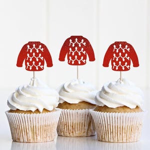 Ugly Sweater Cupcake Toppers, Ugly Sweater Party Decorations, Christmas Sweater Party Decor, Christmas Jumper, Food Picks Toothpicks, Red