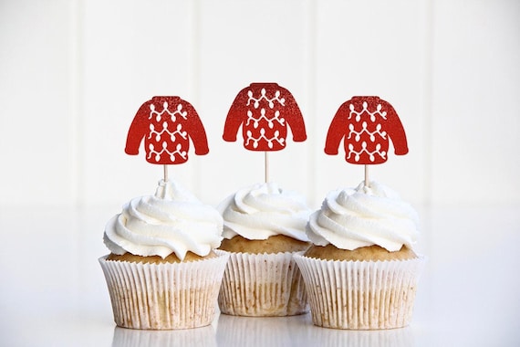 Ugly Sweater Cupcake Toppers, Ugly Sweater Party Decorations, Christmas Sweater Party Decor, Christmas Jumper, Food Picks Toothpicks, Red