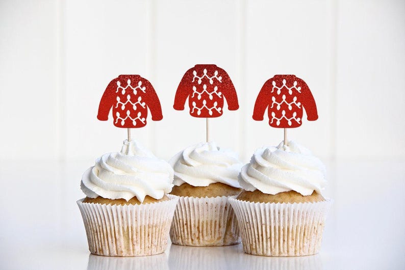 Ugly Sweater Cupcake Toppers, Ugly Sweater Party Decorations, Christmas Sweater Party Decor, Christmas Jumper, Food Picks Toothpicks, Red