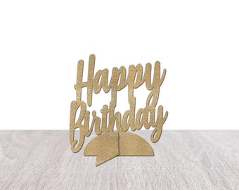 Birthday Party Decorations, Happy Birthday Script Table Centerpiece, Glitter Paper Free Standing, Table Decor, Sign, 25th, 30th, 40th, 50th