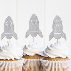 Rocket Cupcake Toppers, Space Theme Birthday Party Decorations, Landing Soon Baby Shower Decor, Two The Moon Party Supplies Boy Spaceship