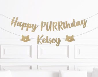 Custom Happy Purrthday Banner, Kitty Themed Party Decorations, Cat Theme Birthday Decor, Kitten Party Supplies, Personalized 1st 2nd 5th