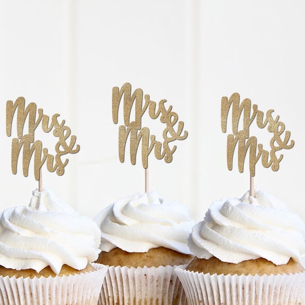 Lesbian Wedding Cupcake Toppers, Mrs & Mrs Gay Wedding Shower Decorations, Bachelorette Bridal Shower Decor Two Women