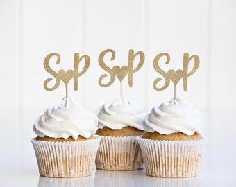 Wedding Cupcake Topper, Custom Wedding Cup Cake Sign, Engagement Party Cupcake Picks, Bridal Shower Decorations, Initials Decor