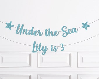 Under the Sea Party Decorations, Custom Mermaid Birthday Banner, Girl's 3rd Birthday Decor, Ocean Theme Party Supplies, Third Birthday